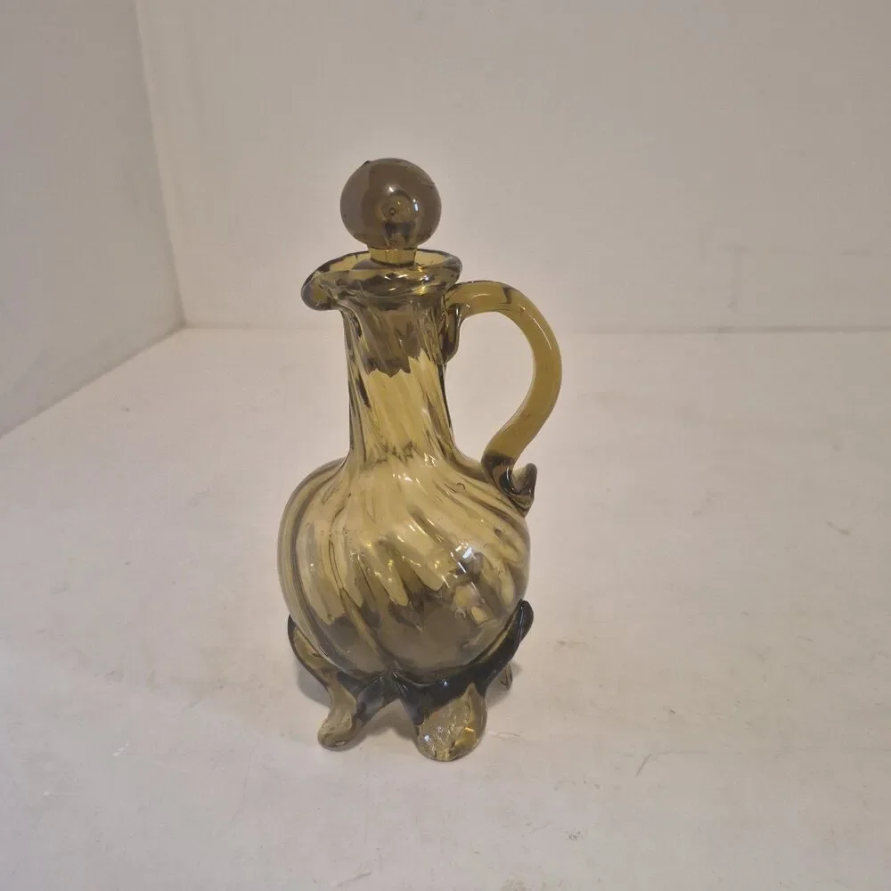 Vintage Amber Hand Blown Twisted Glass Cruet Decanter with Feet 6.5 Inch